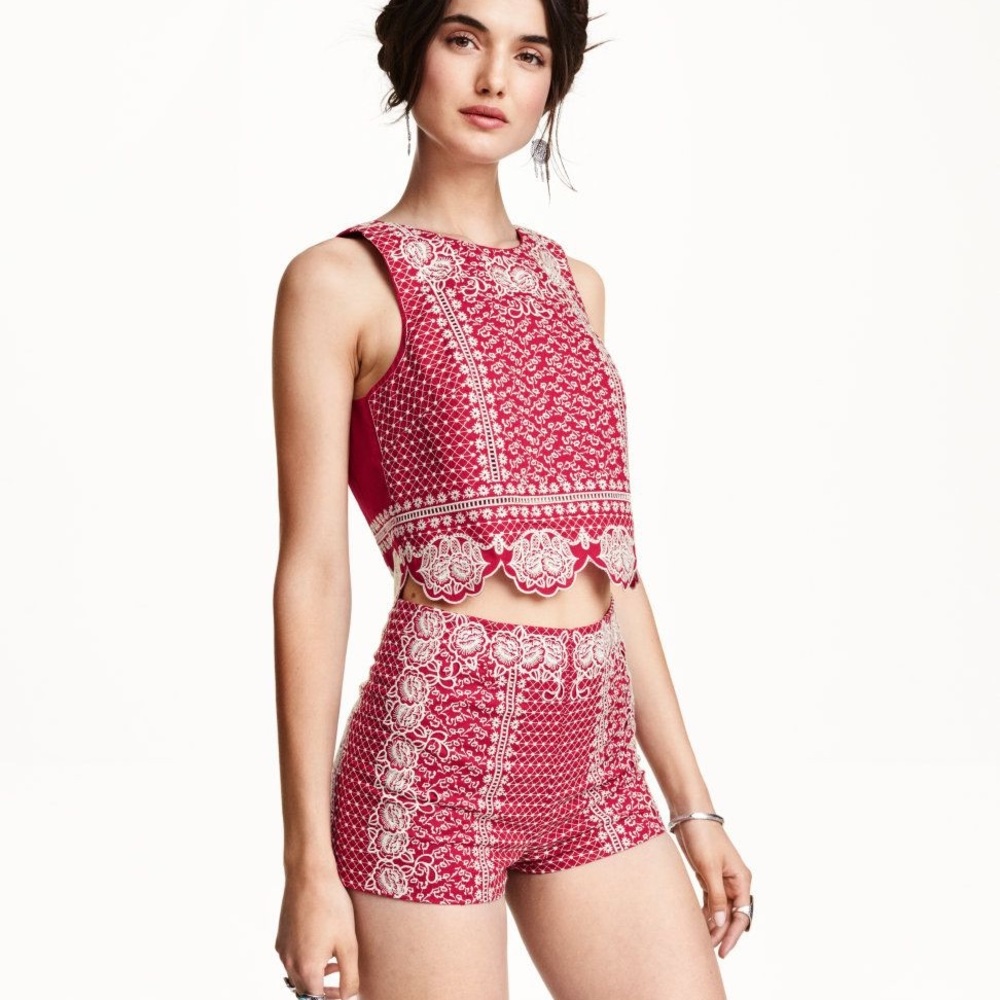50s Retro Two Piece Embroidered Cropped Short Set